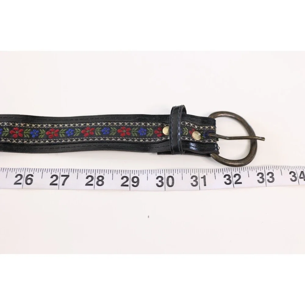 Vintage Women's Black Floral Folk Leather Round Buckle Belt Boho Western